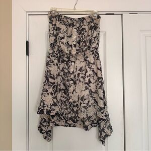 imaginary voyage Strapless Floral Button-Front Dress in Gray/Blue and Cream